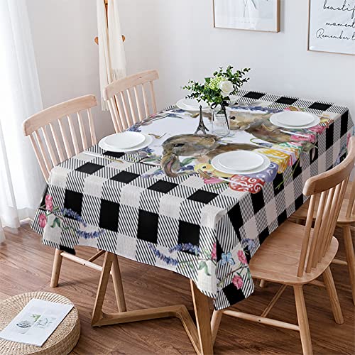 Rechteckig Tischtuch Easter Bunnyn Bemalte Eier Blumen Retro Black Buffalo Plaid Outdoor Tischdecke Abwaschbar Sanft Tischwäsche, Für Party, Hochzeit, 137x183cm von Generic