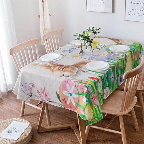 Rechteckig Tischtuch Easter Bunnyn Bunt Bemalte Eier Retro Textur Drucken Tischdecke Dekoration Auslaufsicher Abwaschbar Tischtuch, Für Küche, Picknick, 137x183cm von Generic