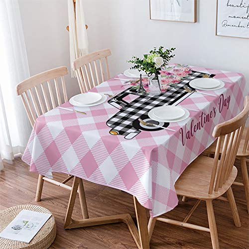 Rechteckig Tischtuch Happy Valentinstag Truck Romantische Blumen Rosa Plaid Drucken Tischdecke Staubdicht Pflegeleicht Abwaschbar Tischtuch, Für Karneval, Tischplatte, 137x183cm von Generic