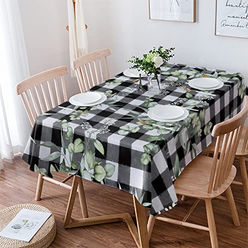 Rechteckig Tischtuch Sommer Pflanzen Blätter Schwarz Weiß Buffalo Plaid Tischdecke Für Küche Pflegeleicht Dekoration Drucken Tischdecke, Für Party, Hochzeit, 137x183cm von Generic