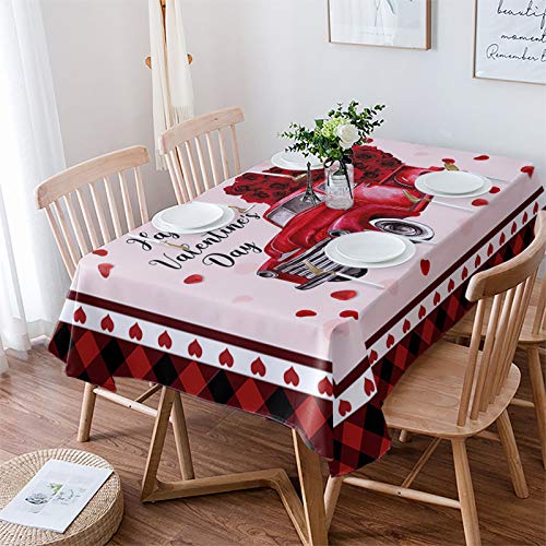 Rechteckige Tischdecke Happy Valentinstag Romantische Blume Retro Truck Red Buffalo Plaid Wasserdicht Tischdecken Sanft Abwaschbar Tischwäsche, Für Tischdekoration, Partyzubehör, 137x183cm von Generic