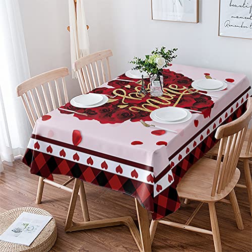 Rechteckige Tischdecke Valentinstag Blume Herz Liebe Rot Schwarz Plaid Tischwäsche Staubdicht Abwaschbar Outdoor Tischdecke, Für Tischplatte, Cafe, 137x183cm von Generic