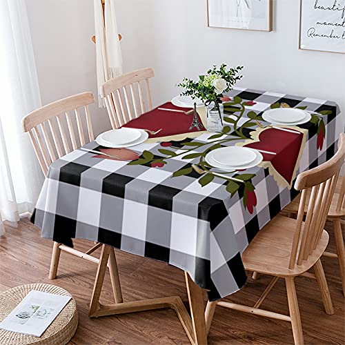 Rechteckige Tischdecke Valentinstag Vintage Liebe Herz Blume Schwarz Buffalo Plaid Abwaschbar Tischtuch Staubdicht Auslaufsicher Geburtstagstischdecke, Für Party, Garten, 137x183cm von Generic