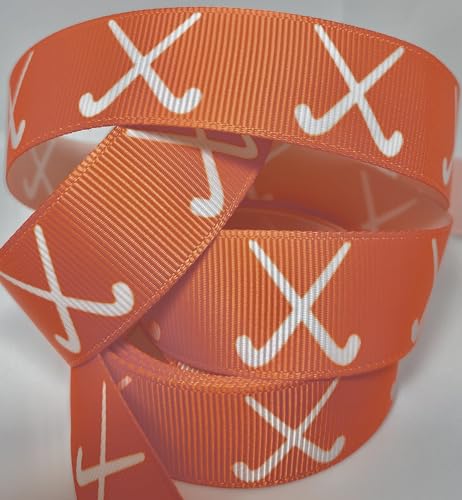 Ripsband, orangefarbenes Band mit weißen Feldhockeyschlägern. 2,5 cm breit – 9,1 m, 100 % Polyesterband, Spaß für alle Feldhockey-Bastelarbeiten, Schleifen und Nähprojekte von Generic