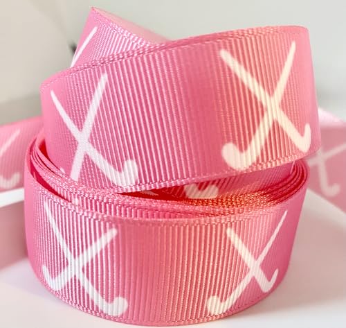 Ripsband, rosa Band mit weißen Feldhockeyschlägern, 2,5 cm breit, 9,1 m, 100 % Polyesterband, Spaß für alle Feldhockey-Bastelarbeiten, Schleifen und Nähprojekte von Generic