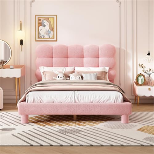 Rosa Gepolstertes Bett Mit Dreifach Verstellbarem Kopfteil Und Verstärkter Basis, Flachbett Mit Plüschstoff Und MDF Für Teenager-, Kinder- Und Erwachsenenzimmer(Size:140 * 200,Color:style2) von Generic