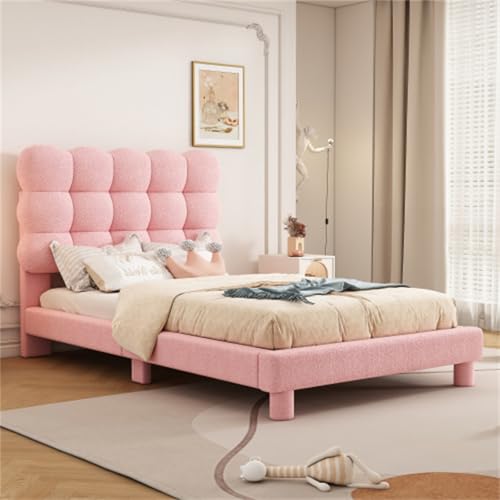 Rosa Gepolstertes Bett Mit Dreifach Verstellbarem Kopfteil Und Verstärkter Basis, Flachbett Mit Plüschstoff Und MDF Für Teenager-, Kinder- Und Erwachsenenzimmer(Size:90 * 200,Color:style2) von Generic