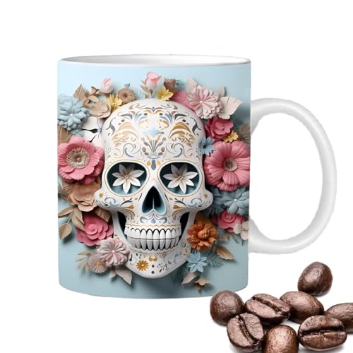 Schädel-Keramik-Tasse – Neuheit Keramik-Teetasse mit flachem 3D-Effekt – tragbare Kaffeetasse mit leuchtenden Farben, Neuheit Keramik-Teetasse für Kaffee Tee von Generic