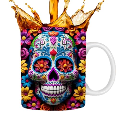 Schädel-Keramik-Tasse – Totenkopf und Blumen Tasse mit flachem 3D-Effekt | Tragbare Totenkopf-Kaffeetasse mit leuchtenden Farben, Neuheit Keramik-Teetasse für Kaffee Tee von Generic