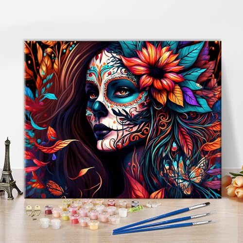 Schädel Mädchen DIY Malen nach Zahlen Erwachsene Tag der Toten Acrylmalerei nach Zahlen Kits mit Pinseln Leinwand Geschenke Blumen Kunsthandwerk für Zuhause 40 x 50 cm(rahmenlos) von Generic