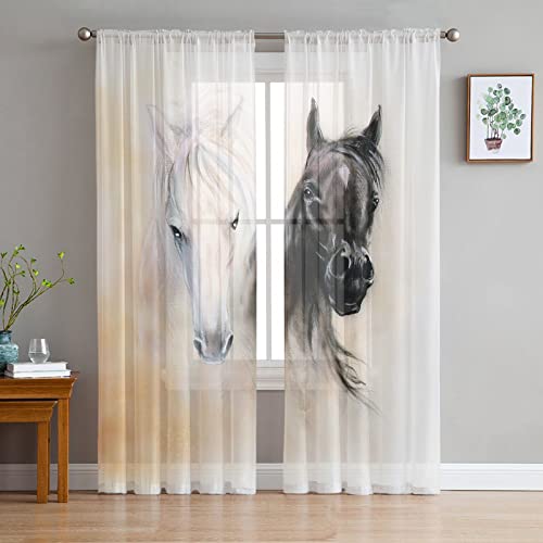 Schwarz-weißes Pferd, Aquarellmalerei, Chiffon, Durchsichtige Vorhänge Für Wohnzimmer, Fenster, Voiles, Tüllvorhang,135 B X 244 H (cm) von Generic