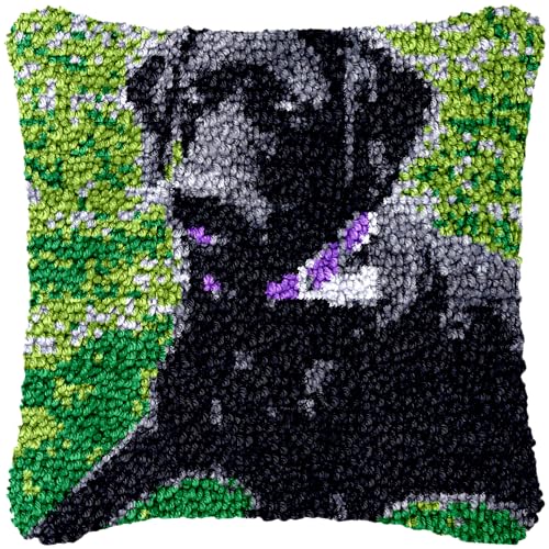 Schwarzer Hund Labrador DIY Knüpfkissen-Set für Erwachsene, Wurfkissenbezug mit bedruckter Leinwand, Häkelgarn, Nadel, Handarbeit, Kissen für Zuhause, Sofa, Dekoration, 43 x 43 cm von Generic