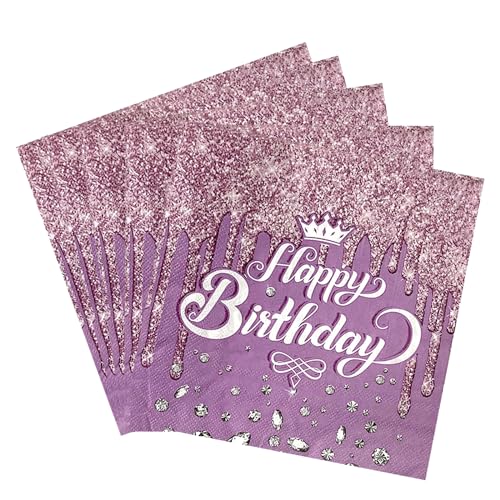 Servietten Happy Birthday,40 Stück Lila Diamant Geburtstag Serviette,Servietten Kindergeburtstag,33 x33 cm Tischdeko Geburtstag Servietten,für Mädchen Geburtstag Party Deko(Lila) von Generic