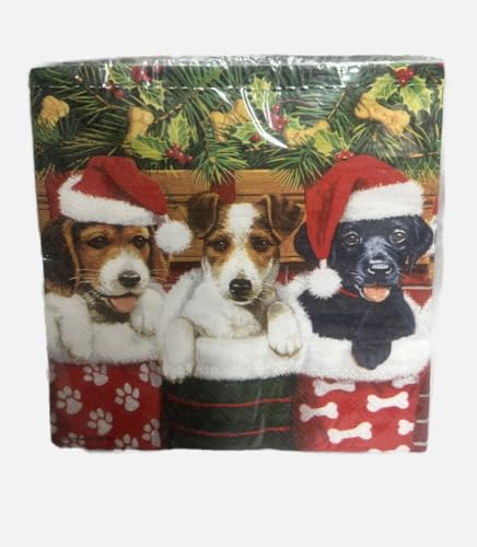 Servietten mit niedlichem Weihnachtsmotiv, Hundewelpen in Weihnachtsstrümpfen, 16,5 x 16,5 cm, Servietten für Weihnachten, Party, Decoupage, Event, Urlaub, Servietten, 3-lagige Servietten von Generic