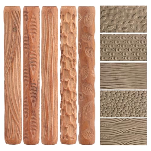 Set mit 5 Tonmuster-Walzen mit Blatt, Fisch, Holzmaserung, Kopfsteinpflaster, Wellendesign, Holzhandwerkzeuge zum Basteln Set mit 5 Tonmuster-Walzen mit Blatt, Fisch, Holzmaserung, Kopfsteinpflaster, Wellendesign, Holzhandwerkzeuge zum Basteln von Generic