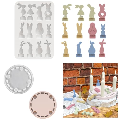 Silikonformen Gießformen Ostern, DIY Hase Silikon Gießform Ostern Kerzenhalter Set, 3D Osterhasen und Haus Silikonform Rund Kerzenhalter Silikon Häuser Kaninchen Giessform Handwerk Osterdekoration (D) von Generic