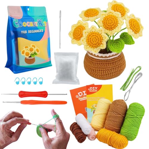 Sonnenblumen-Pflanzen-Häkelpaket, Sonnenblumen-Häkelpaket für Anfänger,Häkelblumen-Materialset - Niedliches Häkel-Sonnenblumen-Set für Anfänger, Häkelset mit Schritt-für-Schritt-Anleitung von Generic