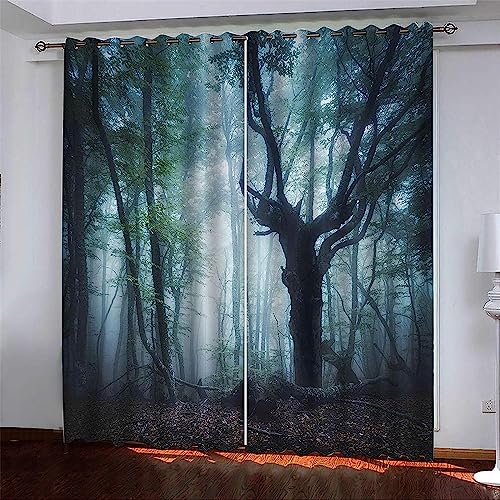 Sonnenschutz Bedruckte Vorhänge, Wald Nebel 3D-Polyesterfaservorhänge, Coole Wohnzimmer Schlafzimmer Dekoration, Hohe Verdunkelungsvorhänge 2 Panel von Generic