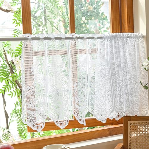 Spitze Küche Kurzgardine for Fenster Retro Blumen Stickerei Scheibengardine Transparente Breit Kleinfenster Kurze Fenster (Color : White, Size : (WXL) 150x45cm/59x18in) von Generic