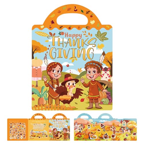 Sticker-Aktivitätsbuch, Stickerbuch für Vorschulkinder,Bücher mit wiederverwendbaren Aufklebern zum Thema Thanksgiving | Cartoon-Aktivitätenbuch für und Mädchen im Alter von 2–5 Jahren, Lernspielzeug von Generic