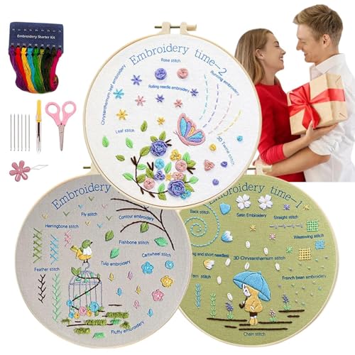 Stickset für Anfänger, einfache Sticksets für Anfänger,3 Sets kreative Handstickerei - Stickset für Anfänger, Nähset für Erwachsene, Stickset für zu Hause zum Sticken, Kreuzstich von Generic