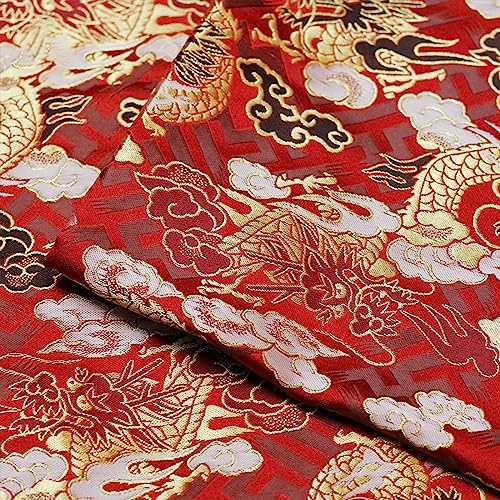 Stoff-Kollektion Satin Nishijin Weaving Gold Festliches Rot Reiches Drachenmuster Verheißungsvolles Wolkenmuster Retro High-End Quiltstoff Satin Brokat Seide Jacquardstoff Chinesischer handgefertigte von Generic