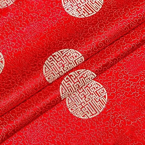 Stoff-Kollektion Satin Satin-Brokat-Seiden-Jacquardstoff, Festliche rote und goldene Kreise deuten auf Langlebigkeit hin, Kalligraphie, chinesische Schriftzeichen „Shou“, Trainingskleidung, Cheongsam von Generic