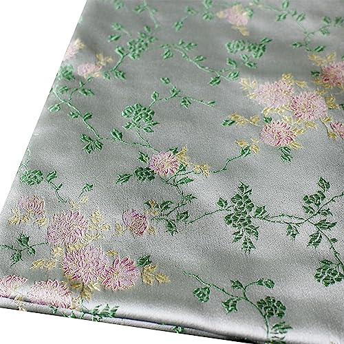 Stoff-Kollektion Satin Satin-Brokat-Seiden-Jacquardstoff, sanfte, Elegante kleine rosa Blumen, grüne Zweige, Blätter, Cheongsam-Stickerei, Tang-Anzug im chinesischen Stil, hochwertiger Seidenstoff, 7 von Generic