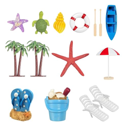 Strand-Kuchendekorationen, Strand-Kuchenaufsätze | 15X Miniatur-Strand-Cupcake-Dekorationen - Palmen, Liegestuhl, Strandschirm, Eimer, Tortenaufsatz-Set für Gartenpflanzenpool von Generic