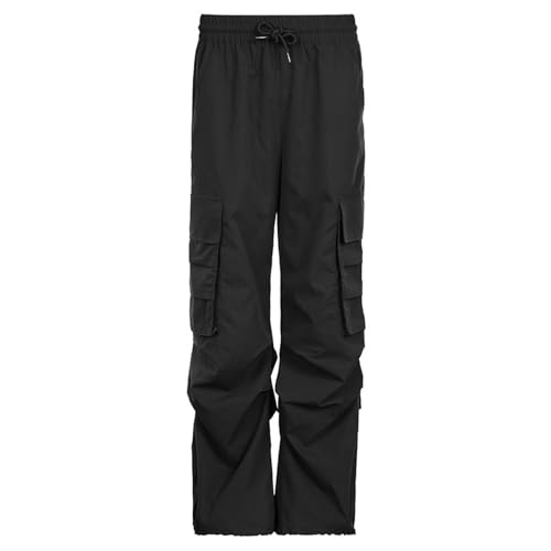 Street-Workwear-Hose aus elastischem, Lockerem, geradem Webstoff mit niedrigem Bund, Taschen mit Manschetten und bodenlangen Freizeithosen mit Falten – Schwarz – L von Generic