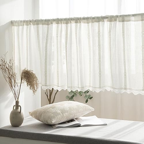 Streifen Spitze Scheibengardine Baumwolle Leinen Halbtransparent Kurzgardine Landhausstil Pastoral Breit Kleinfenster Kurze Fenster (Color : White, Size : 90x90cm/35x35in) von Generic