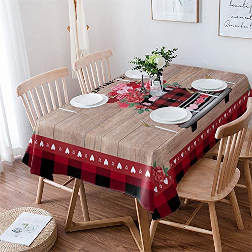 Tischdecke Happy Valentinstag Rot Karierten LKW Mit Liebe Holzmaserung Drucken Tischdecke Sanft Abwaschbar Wiederverwendbar Tischwäsch, Für Party, Picknick, 137x183cm von Generic