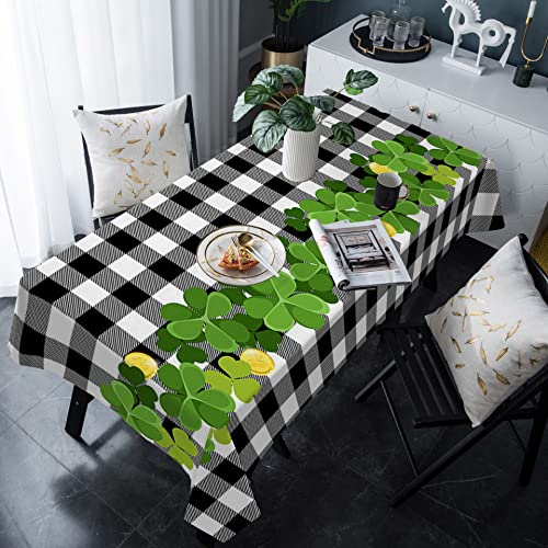 Tischdecke St. Patrick's Day Lucky Leaves Schwarz Weiß Buffalo Plaid Wiederverwendbar Tischwäsch Abwaschbar Auslaufsicher Outdoor Tischdecke, Für Hochzeit, Tischdekoration, 137x183cm von Generic