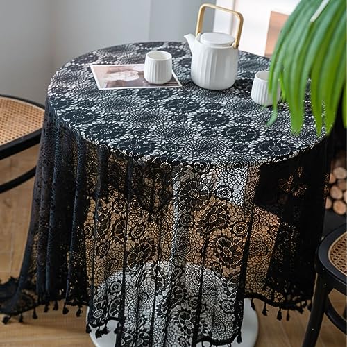 Tischdecke aus Häkelspitze, rechteckig, hohl, Spitze, schwarze Kreise, Blumentischdecke mit Quasten für Tee, Kaffee, Küche, Esstisch, Schreibtisch, Party, Hochzeit (150 x 180 cm) von Generic