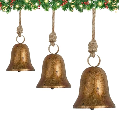 Traditionelle Weihnachtsglocken, große rustikale hängende Glocken mit Juteseil, antikes goldfarbenes Metall, Weihnachtsglocken für Bäume, Kränze, Türen, Kamine, Hochzeiten und Heimdekorationen, 3 von Generic