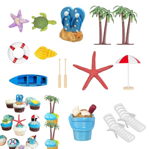 Tropische Cupcake-Topper, tropische Cupcake-Dekoration, 15 x Miniatur-Dekoration für Strand-Cupcakes | Seestern, Muschel, Meeresschildkröte, Eimer, Schwimmring, Kuchendekorationsset von Generic