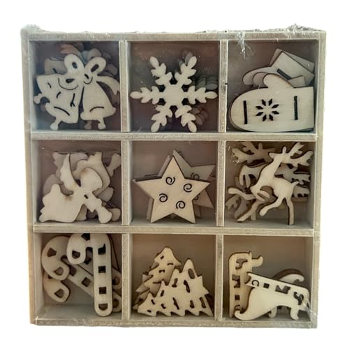 Unlackierte Mini-Holz-Symbole für Weihnachten, lasergeschnitten, in Holzbox, DIY-Weihnachtsfeiertage, Basteln, 45 Stück von Generic