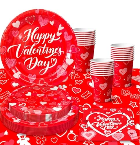 Valentinstag Partygeschirr Set - Valentinstag Geschirr Enthält Teller Becher Servietten Tischtücher Liebes Themenparty Geschirr Dekoration Romantische Hochzeit Valentinstag Deko(24 Gäste) von Generic