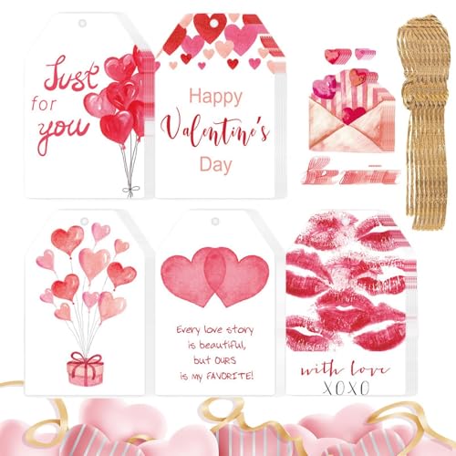 Valentinstag-Tags,Valentinstag-Tags - 60X Wickeletiketten mit Schnüren | Valentinstag-Papieranhänger mit Löchern, Liebesetiketten für die Valentinstag-Hochzeit von Generic