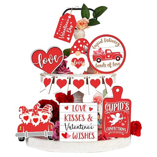 Valentinstag Tiered Tablett Deko Liebe GNOME LKW Cupid Herz Holz Zeichen Tisch Mittelstücke rustikale Bauernhaus Dekor Valentine's Day Gifts Hochzeit Deko Geschenke zum Valentinstag für Frauen von Generic