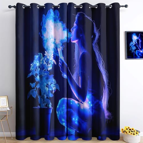 Verdunkelungsvorhänge H183 x B117 cm (2er Pack) Modernes Mädchen Atmet Fluoreszierenden Rauch Aus Blau Schwarz, Blickdichte Vorhänge mit Ösen Isolierung, Vorhänge für Schlafzimmer Wohnzimmer von Generic