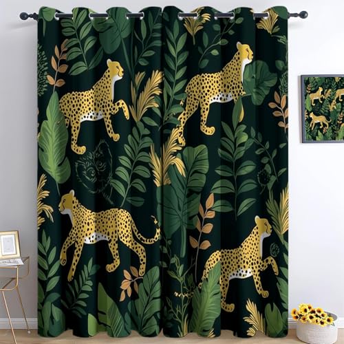 Verdunklungsvorhänge Dunkel Dschungel Tier Leopard Aufdruck Gardinen, für Heimdekoration Grün mit Ösenvorhang Blickdicht, Mädchen Winterschlafzimmer Kinderzimmer Gardine H240 x B132 cm (2er Pack) von Generic