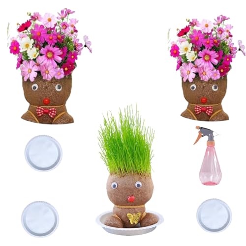 Verwenden Sie Graskopf zum Haarwachstum, Blumentopf mit Puppenkopf, grüne Schreibtischpflanze, Bonsai-Blumentopf mit Tablett, Topfpflanze für Kinder (Gießkanne), Dekoration von Generic