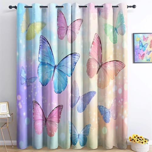 Vorhänge Aquarell Insekt Schmetterling mit Ösen Blickdichte Gardinen Bunt Blackout Curtain Thermovorhang für Kinder Teens, Schlafzimmer Wohnzimmer Verdunklungsvorhänge H183 x B117 cm (2er Pack) von Generic