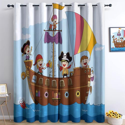 Vorhänge Blickdicht mit ösen Cartoon Piratenschiff Verdunklungsvorhänge H 215 x B 91.5 cm (2er Pack) Kälteschutz Vorhang für Wohnzimmer Kinderzimmer Schlafzimmer Thermo Blau Vorhänge Dekor von Generic