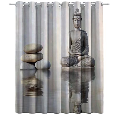 Vorhänge Eleganter Und Heiterer Buddha mit Ösen Blickdichte Gardinen Hellgrau Blackout Curtain Thermovorhang für Kinder Teens, Weich Schlafzimmer Verdunklungsvorhänge 2er Set B 183 x H 214 cm von Generic