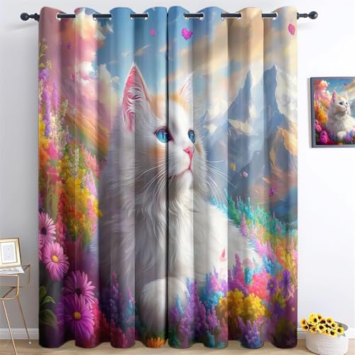 Vorhänge Fantasie Süße Katze Motiv, Vorhang Blickdicht Verdunklungsvorhänge Thermovorhang mit Ösen, Bunt Gardinen Wohnzimmer Schlafzimmer Fenster H260 x B140 cm (2er Pack) Vorhänge für Kinder Jungen von Generic