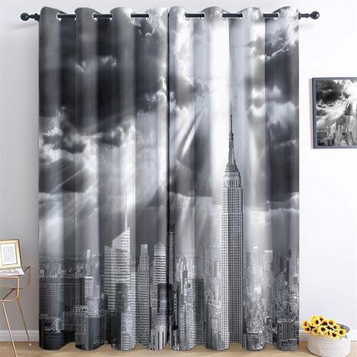 Vorhänge Moderne Stadt Motiv, Vorhang Blickdicht Verdunklungsvorhänge Thermovorhang mit Ösen, Grau Gardinen Wohnzimmer Schlafzimmer Fenster H215 x B110 cm (2er Pack) Vorhänge für Kinder Jungen von Generic