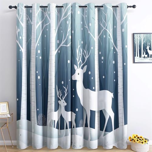 Vorhänge Niedliche Cartoon-Hirsche Dschungel Motiv, Vorhang Blickdicht Verdunklungsvorhänge Thermovorhang mit Ösen, Weiß Gardinen Schlafzimmer Fenster H214 x B91.5 cm (2er Pack) für Kinder Jungen von Generic