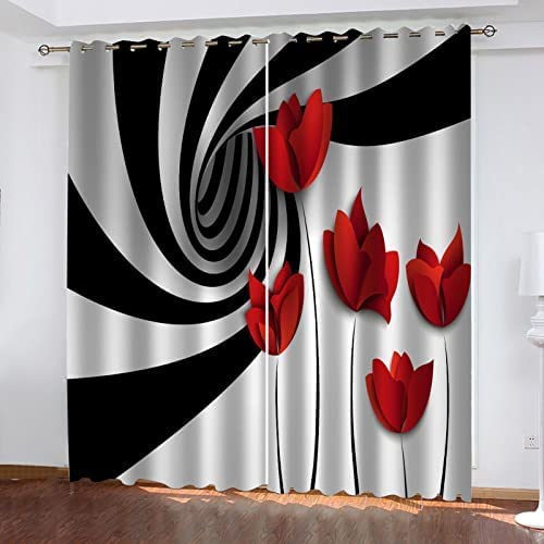 Vorhänge Polyester 3D Schwarz-Weiß Gestreifte Rose, Blackout Fenster Vorhänge Wohnzimmer Schlafzimmer Lärm Reduktion Solid Thermal Panel Blickdichter Gardinen, 220 (B) X 215 (H) cm - Vorhang Für Das von Generic